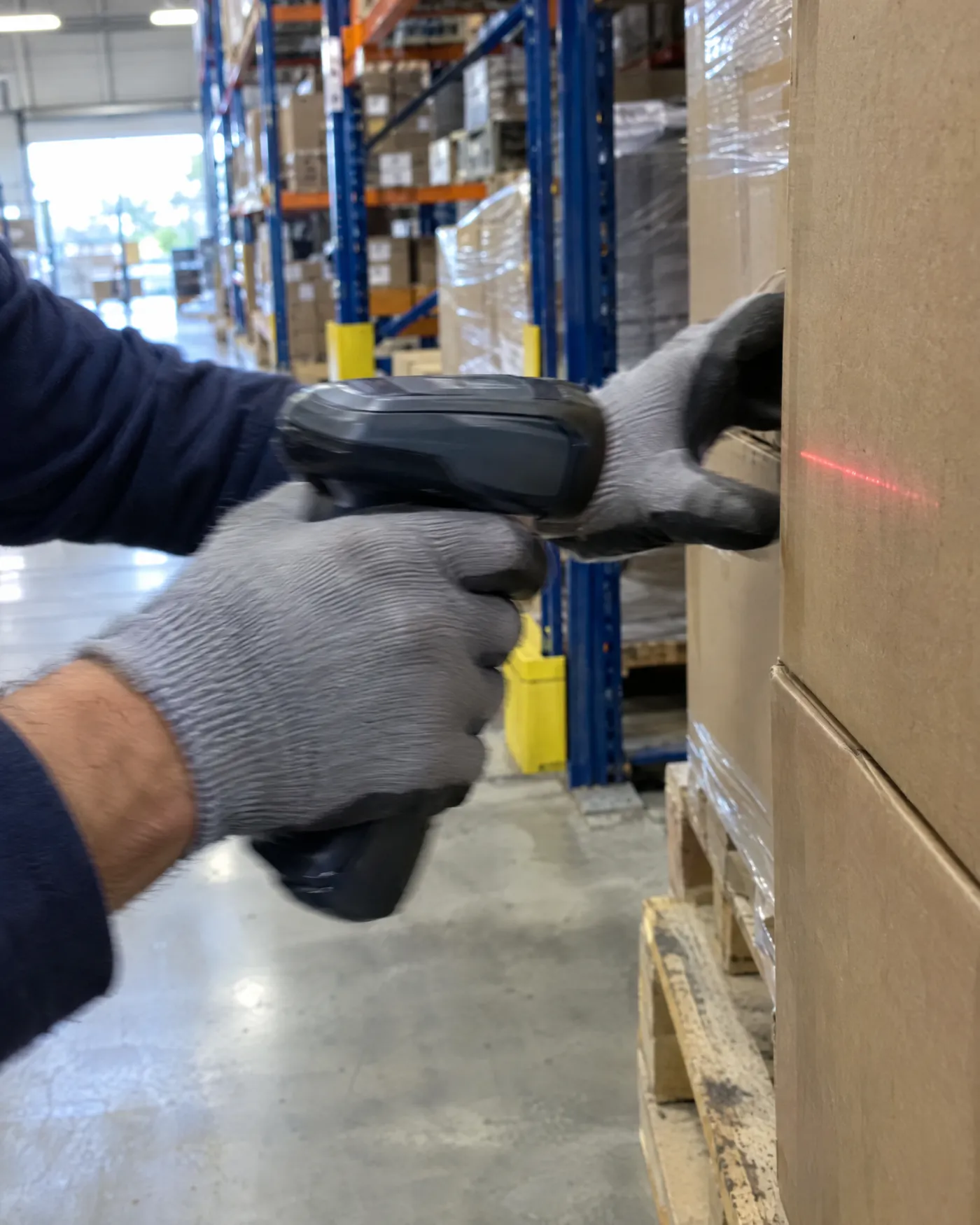 Gloved hands scanning a carton on a pallet