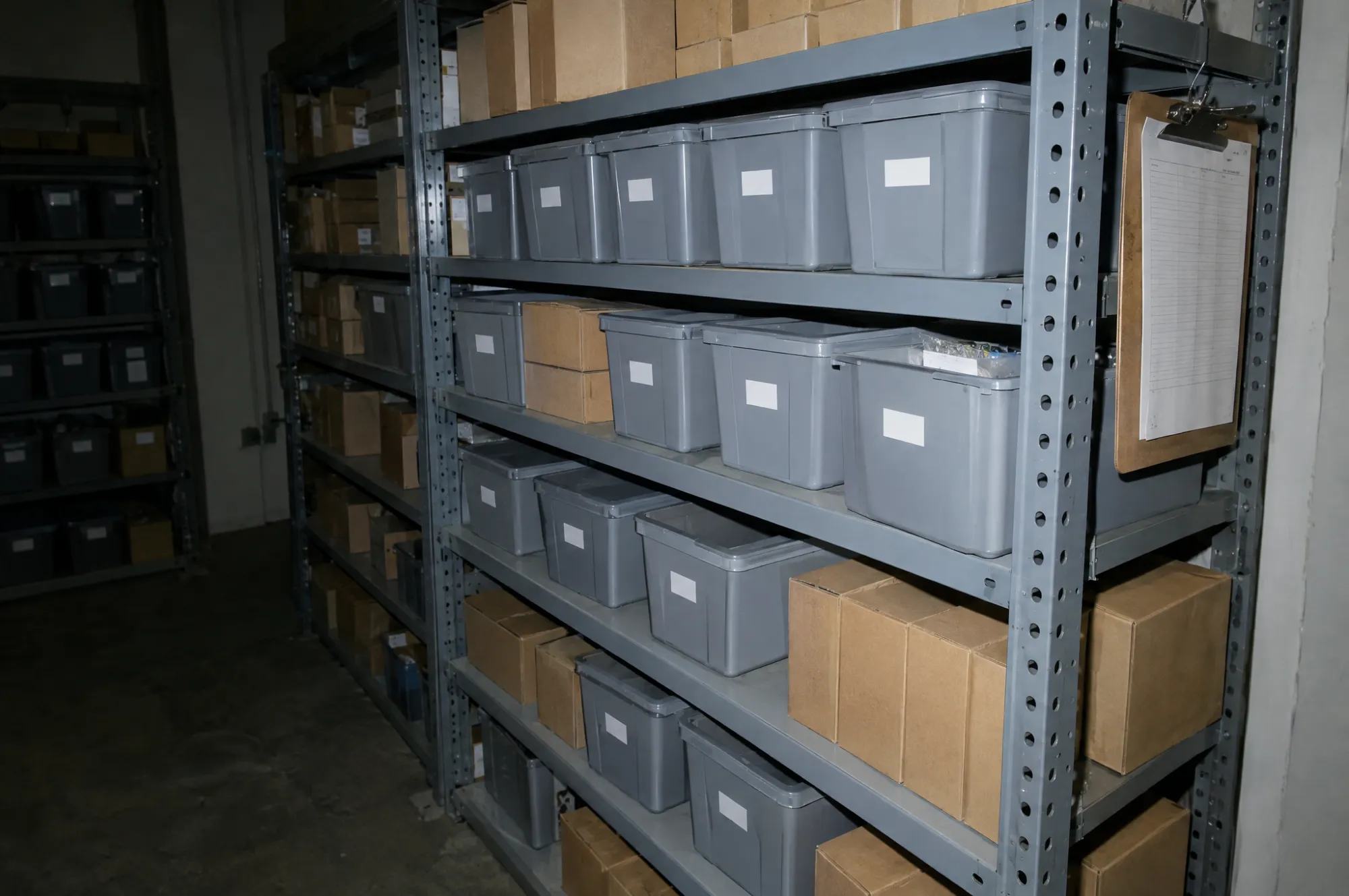 Steel shelving with labeled storage bins
