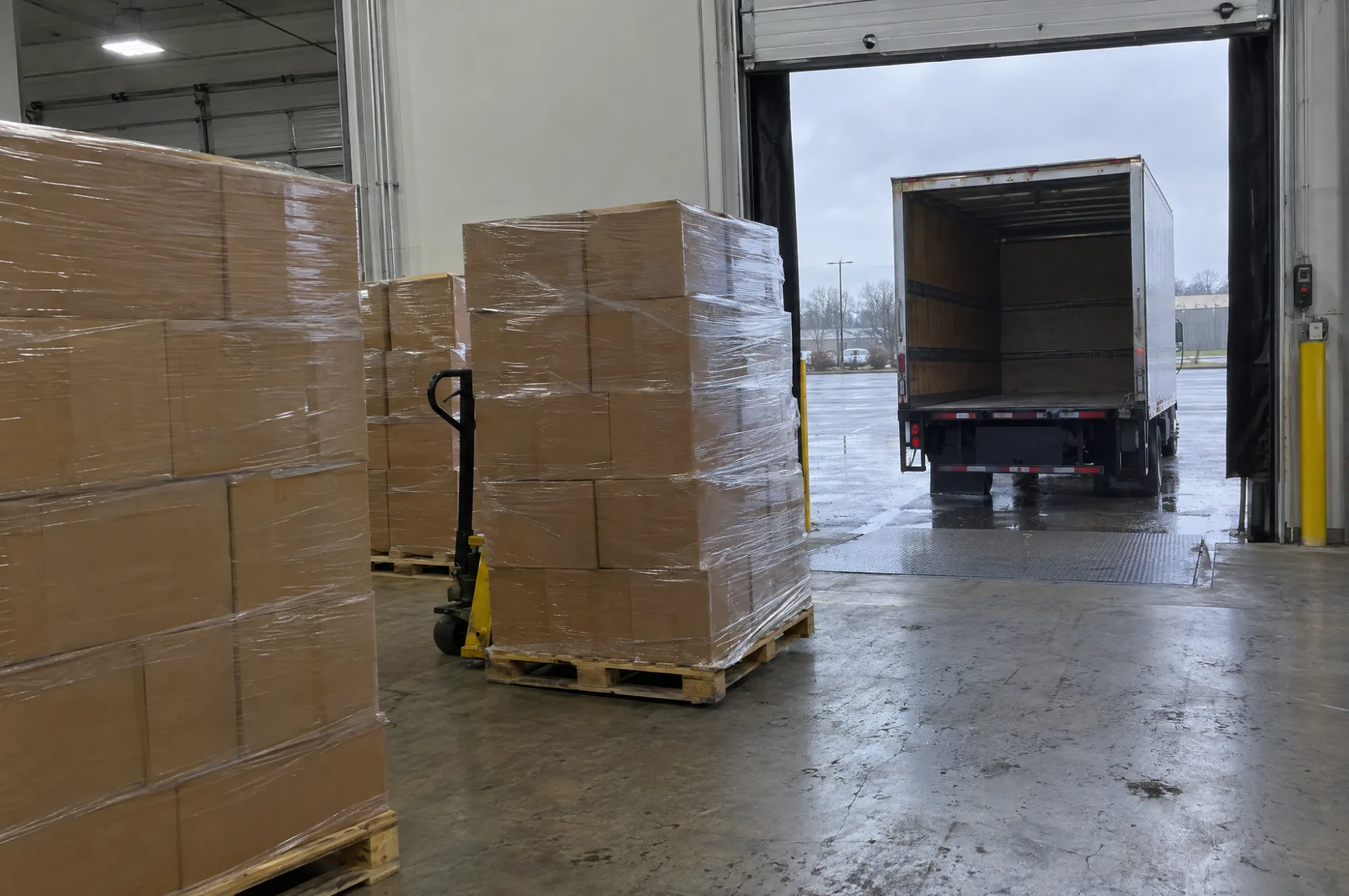 Shrink-wrapped pallets of cartons staged by an open loading dock
