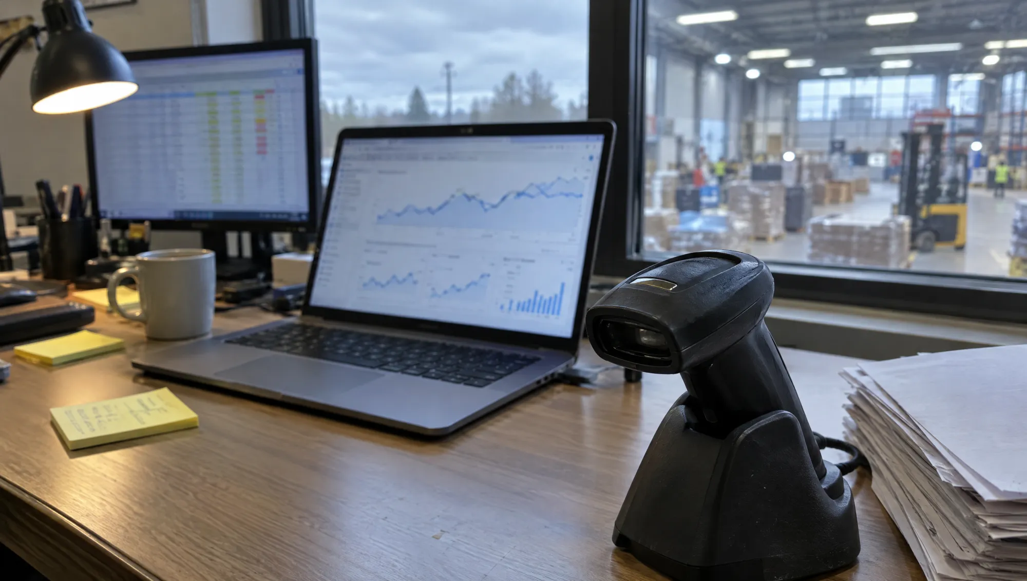 Operations desk with analytics on a laptop overlooking the floor