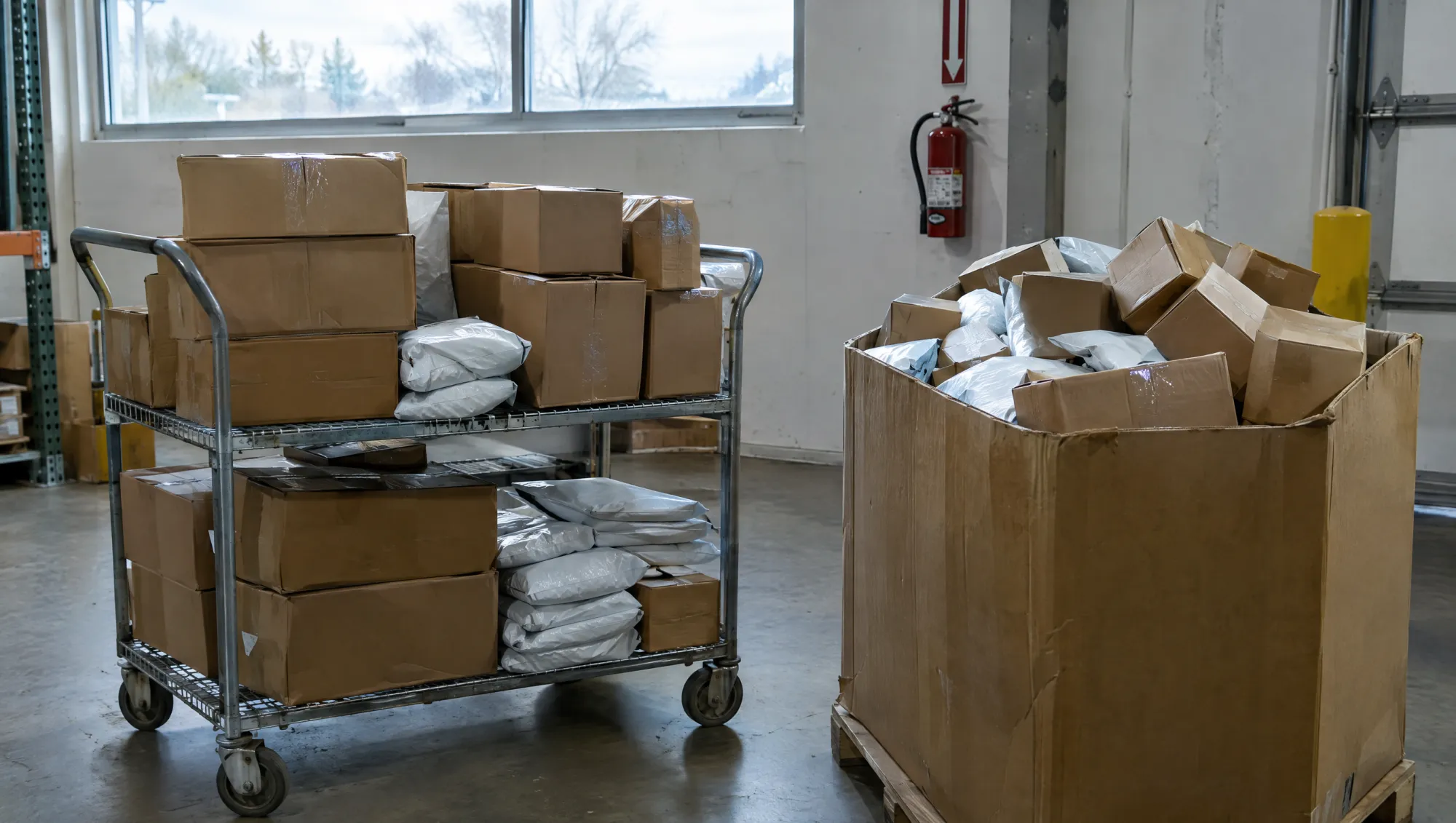 Sealed parcels on a cart ready for carrier pickup
