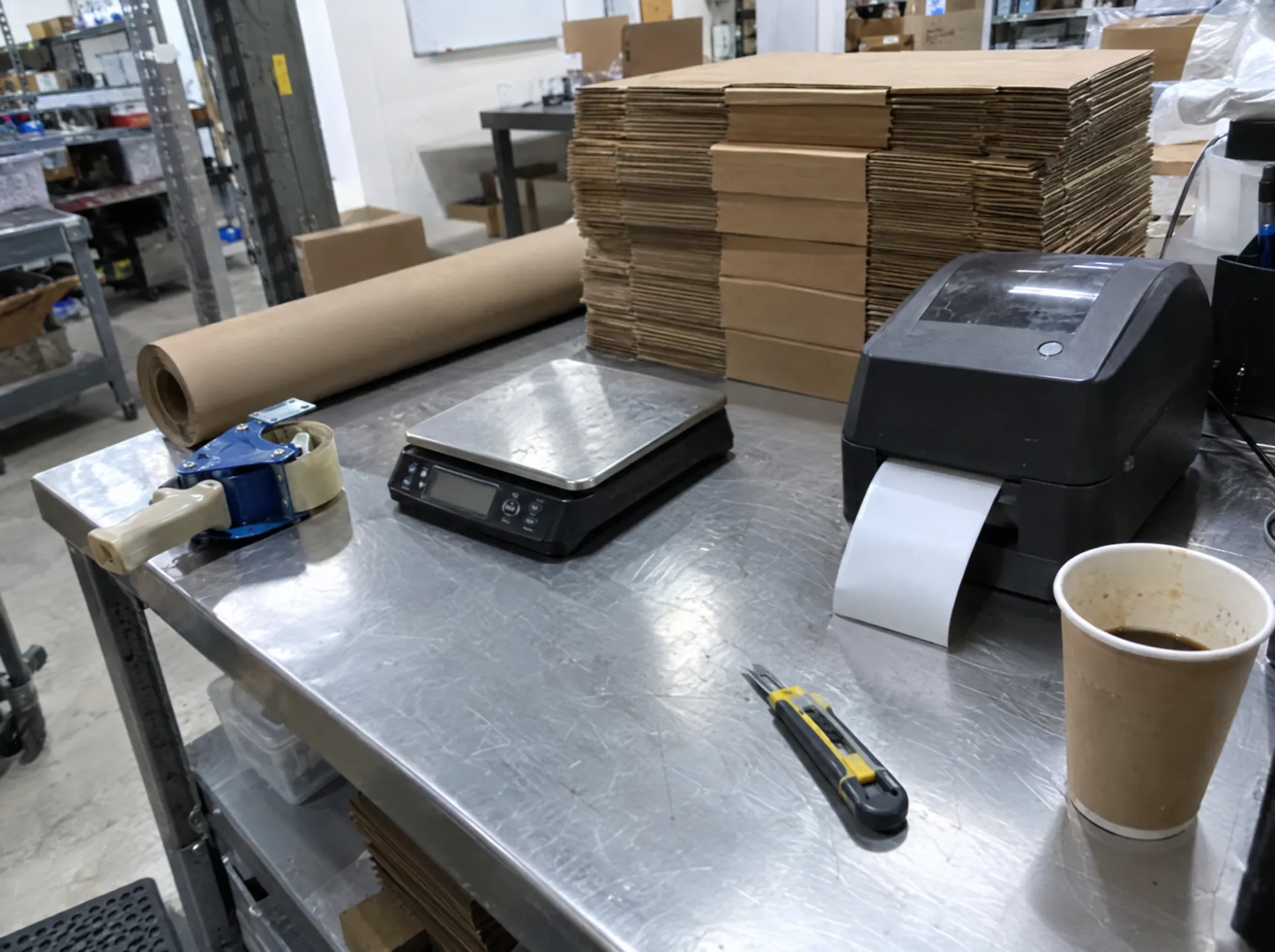 Packing bench with shipping scale, tape gun and label printer